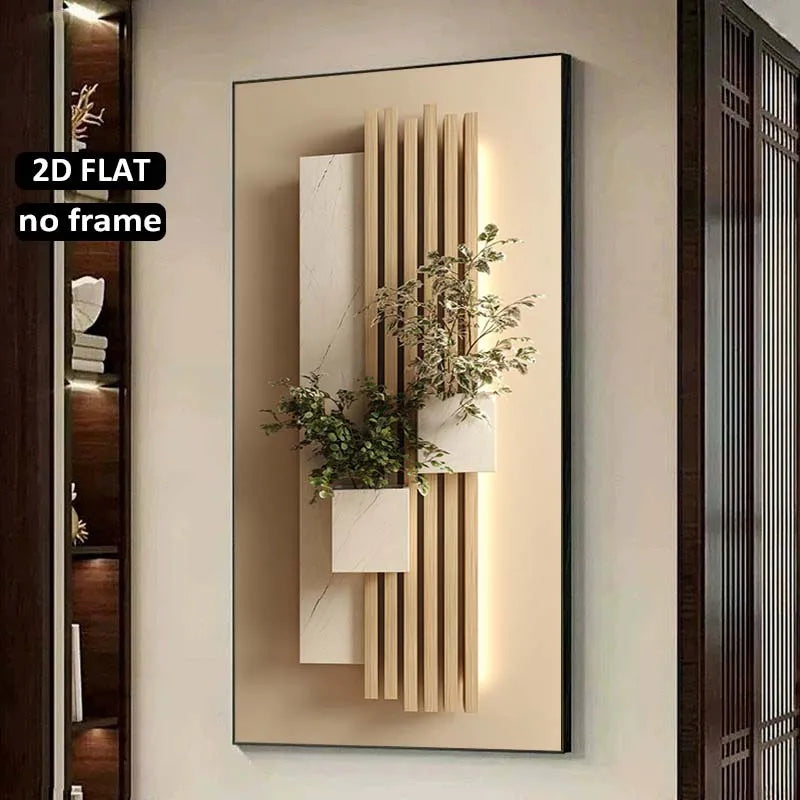 Modern Aesthetics Neutral Geometric Botanical Wall Art Fine Art Canvas Print Beige Vertical Slat Artwork With Green Foliage Accents Hallway Home Décor