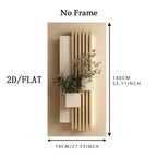 A wall-mounted decorative planter with vertical wood slats and three rectangular planters containing greenery, shown with dimension labels reading 140CM height and 70CM width on a white background.