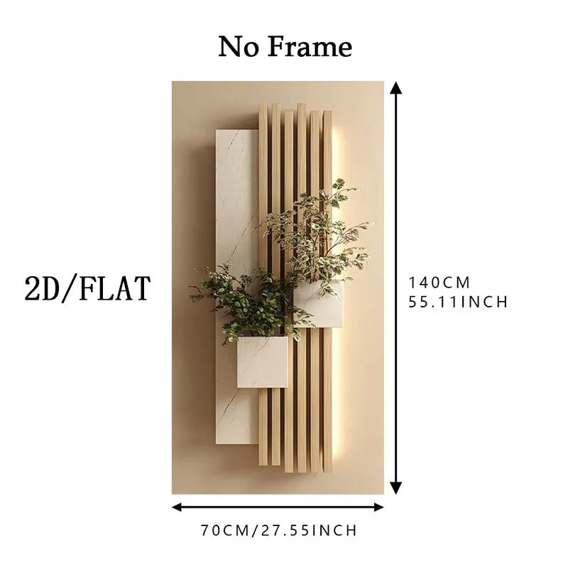 A wall-mounted decorative planter with vertical wood slats and three rectangular planters containing greenery, shown with dimension labels reading 140CM height and 70CM width on a white background.
