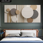 A large rectangular wall art piece with abstract geometric shapes hangs above a bed in a modern bedroom. The artwork features cream, beige, taupe, gray, and metallic gold tones, with vertical gold lines and layered oval and circular forms.