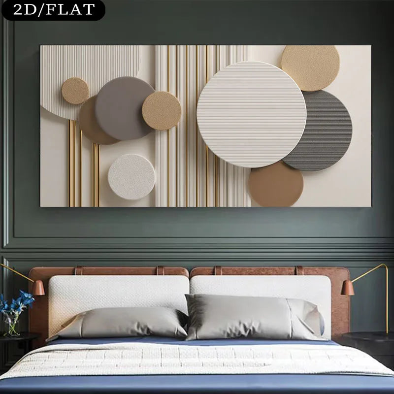 A large rectangular wall art piece with abstract geometric shapes hangs above a bed in a modern bedroom. The artwork features cream, beige, taupe, gray, and metallic gold tones, with vertical gold lines and layered oval and circular forms.