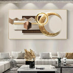 Modern living room with abstract wall art and a gray sofa.