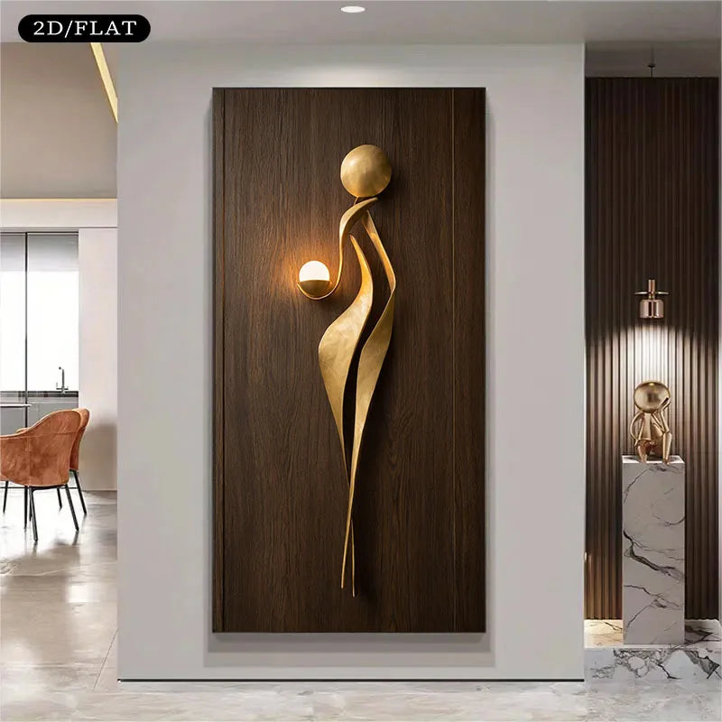 Decorative wall art with a gold abstract figure on a wooden panel in a modern interior setting.
