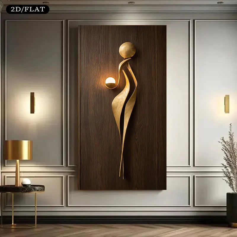 Decorative wall art with a gold abstract figure on a wooden panel in a stylish room.
