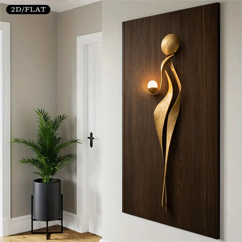 Decorative wall sconce with a gold finish on a wooden panel in a room setting.