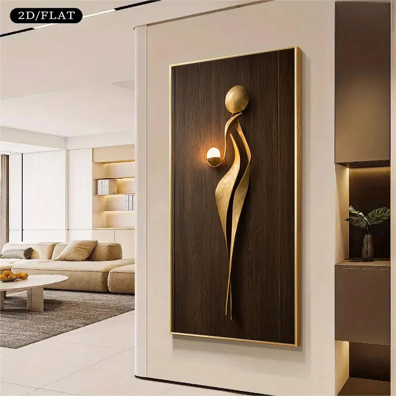 Decorative wall art with a gold abstract figure on a dark brown background in a modern living room.