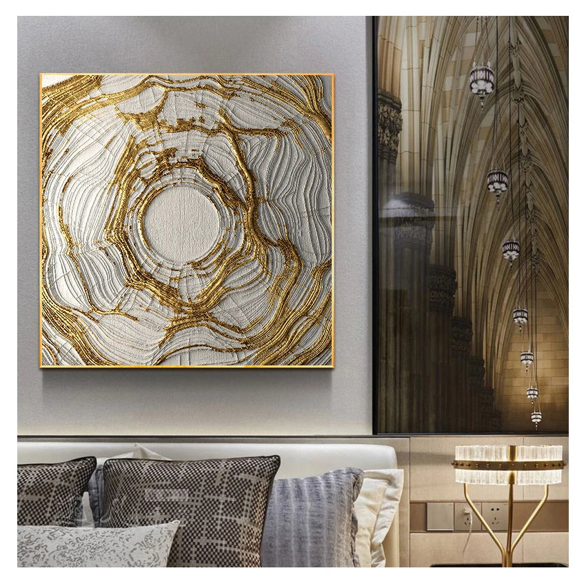 Modern Aesthetics White Golden Abstract Wall Art Fine Art Canvas Prints Square Format Pictures For Living Room Dining Room Light Luxury Home Decor 2025 001