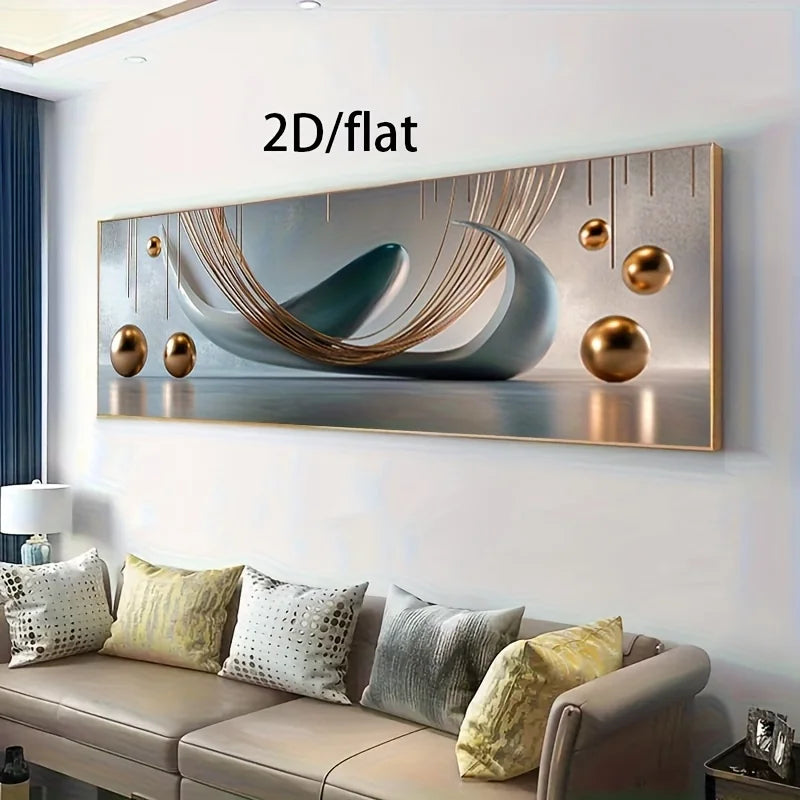 Abstract wall art with gold and silver elements above a sofa in a living room.
