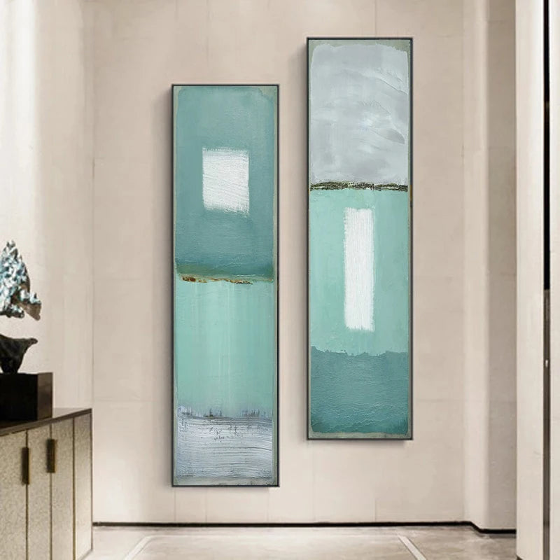 Modern Aqua Green Gray Abstract Vertical Format Wall Art Fine Art Canvas Prints Tall/Wide Format Pictures For Living Room Foyer Bedroom Art Decor