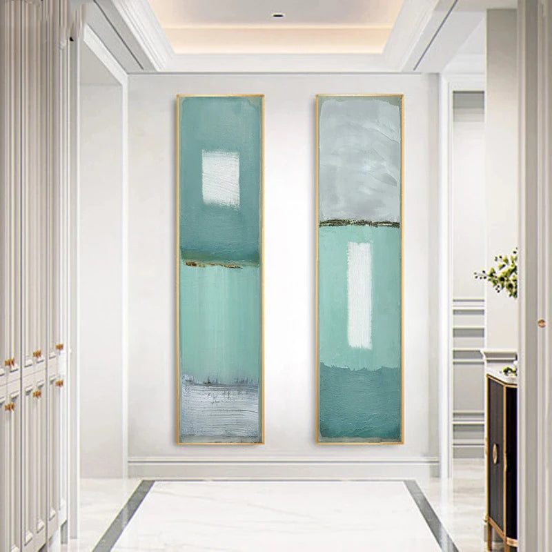 Modern Aqua Green Gray Abstract Vertical Format Wall Art Fine Art Canvas Prints Tall/Wide Format Pictures For Living Room Foyer Bedroom Art Decor
