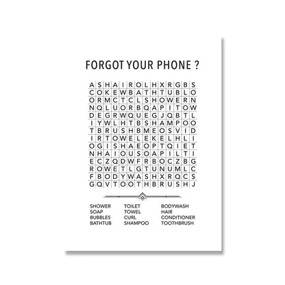 White card with black text listing bathroom items and a question 'Forgot your phone?' on a white background.