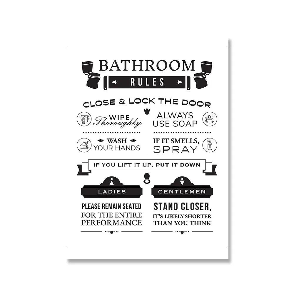 Poster with humorous bathroom rules on a white background
