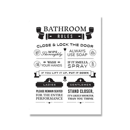 Poster with humorous bathroom rules on a white background