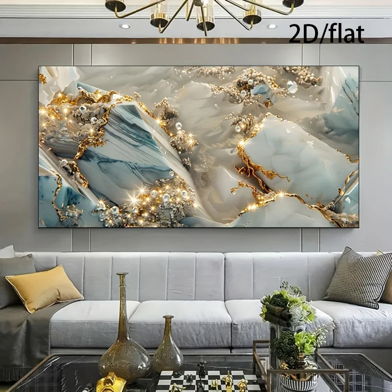 Modern Blue & Golden Liquid Marble Abstract Wall Art Fine Art Canvas Print – Large Format Sizes Artwork for Contemporary Living Room Décor, Neutral Tones Luxury Home Decor