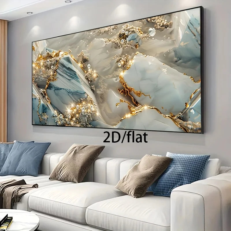 Modern Blue & Golden Liquid Marble Abstract Wall Art Fine Art Canvas Print – Large Format Sizes Artwork for Contemporary Living Room Décor, Neutral Tones Luxury Home Decor
