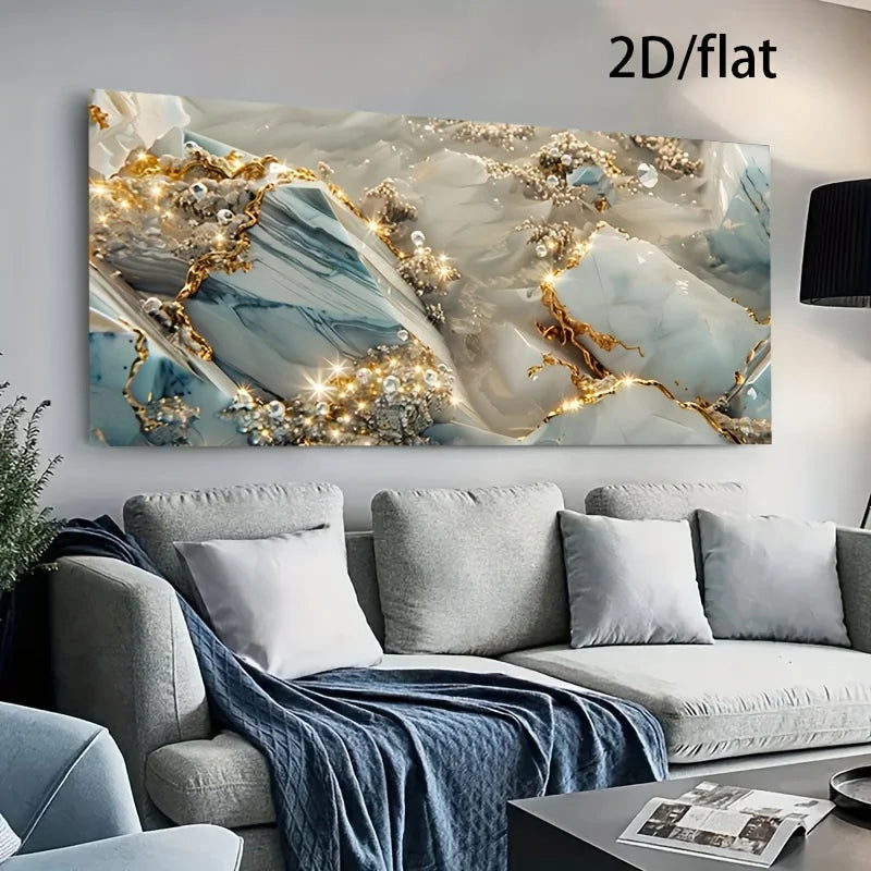 Modern Blue & Golden Liquid Marble Abstract Wall Art Fine Art Canvas Print – Large Format Sizes Artwork for Contemporary Living Room Décor, Neutral Tones Luxury Home Decor