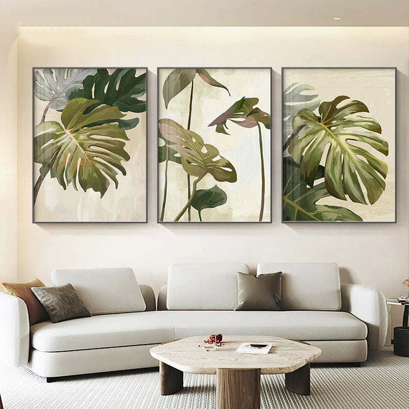 monstera wall decor Modern Botanical Green Leaves Monstera Wall Art Posters & Prints – NordicWallArt.com