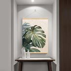 Modern Botanical Green Leaves Wall Art Fine Art Canvas Print For Living Room Dining Room Entranceway Art With Wooden Hanging Scroll Frame