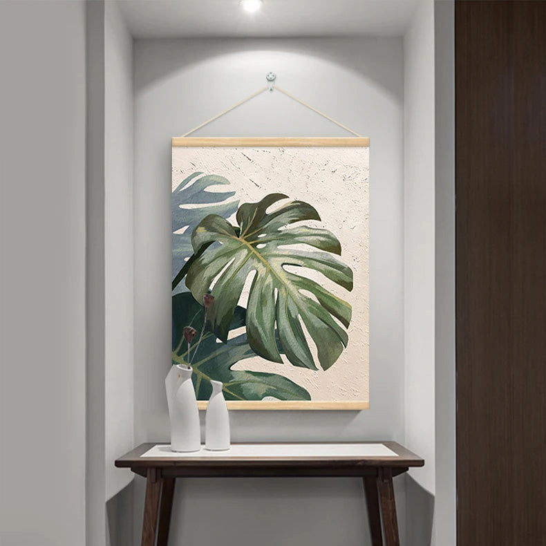 Modern Botanical Green Leaves Wall Art Fine Art Canvas Print For Living Room Dining Room Entranceway Art With Wooden Hanging Scroll Frame