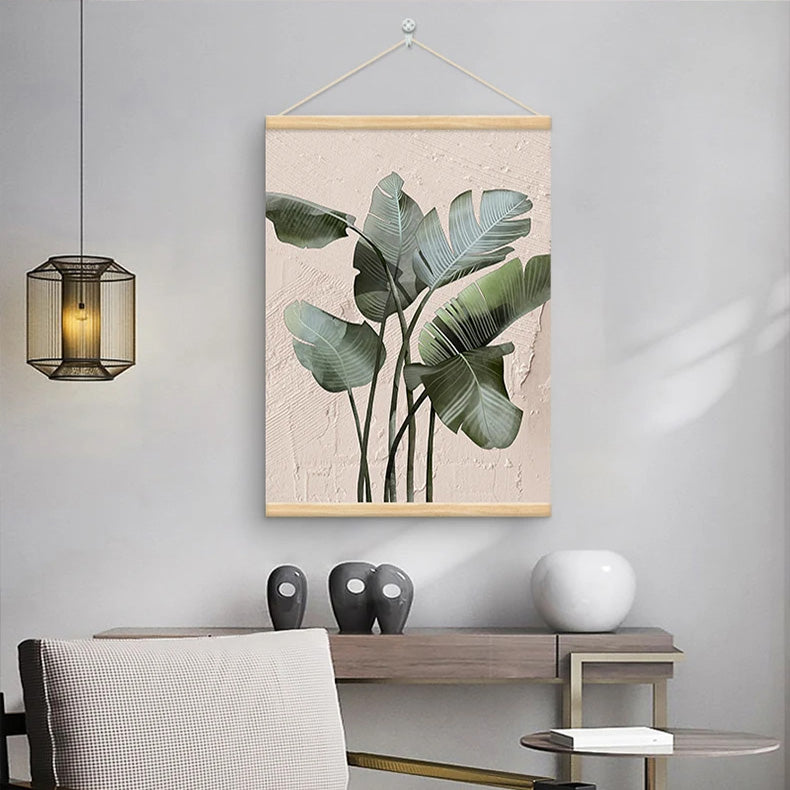 Modern Botanical Green Leaves Wall Art Fine Art Canvas Print For Living Room Dining Room Entranceway Art With Wooden Hanging Scroll Frame 2025