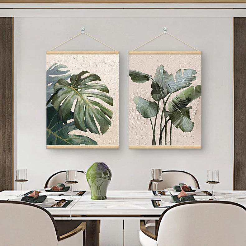 Modern Botanical Green Leaves Wall Art Fine Art Canvas Print For Living Room Dining Room Entranceway Art With Wooden Hanging Scroll Frame 2025