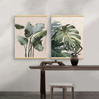 Modern Botanical Green Leaves Wall Art Fine Art Canvas Print For Living Room Dining Room Entranceway Art With Wooden Hanging Scroll Frame 2025