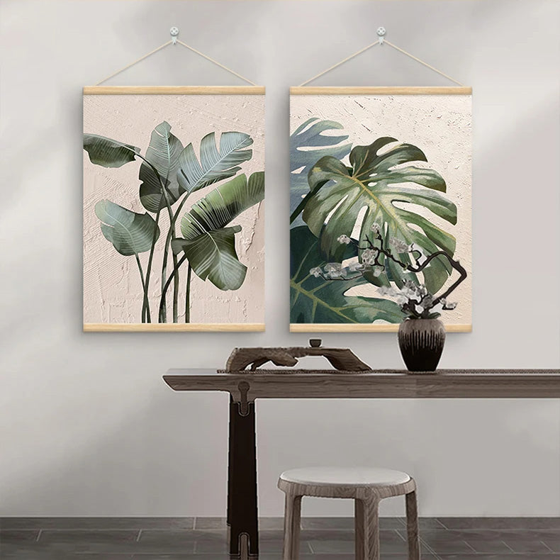 Modern Botanical Green Leaves Wall Art Fine Art Canvas Print For Living Room Dining Room Entranceway Art With Wooden Hanging Scroll Frame 2025