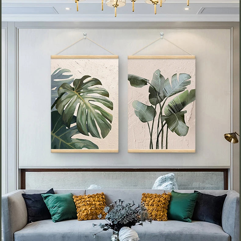 Modern Botanical Green Leaves Wall Art Fine Art Canvas Print For Living Room Dining Room Entranceway Art With Wooden Hanging Scroll Frame 2025