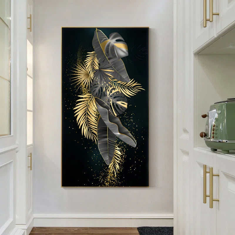 Modern Botanical Tropical Golden Leaves Wall Art Fine Art Canvas Prints Vertical Format Pictures For Living Room Lobby Foyer Reception Room Art Decor