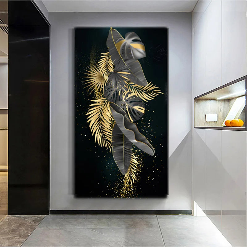 Modern Botanical Tropical Golden Leaves Wall Art Fine Art Canvas Prints Vertical Format Pictures For Living Room Lobby Foyer Reception Room Art Decor