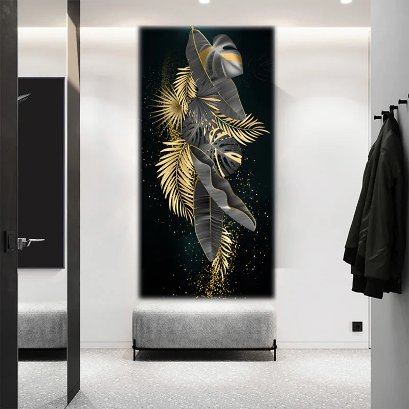 Modern Botanical Tropical Golden Leaves Wall Art Fine Art Canvas Prints Vertical Format Pictures For Living Room Lobby Foyer Reception Room Art Decor