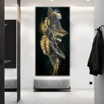 Modern Botanical Tropical Golden Leaves Wall Art Fine Art Canvas Prints Vertical Format Pictures For Living Room Lobby Foyer Reception Room Art Decor