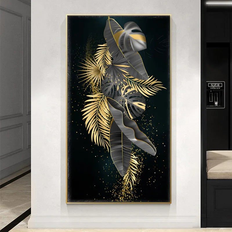 Modern Botanical Tropical Golden Leaves Wall Art Fine Art Canvas Prints Vertical Format Pictures For Living Room Lobby Foyer Reception Room Art Decor