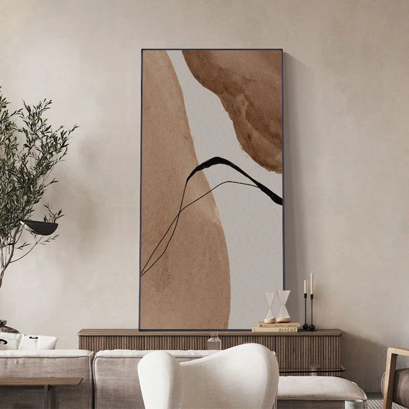 Modern Brown Beige Black Abstract Wall Art Fine Art Canvas Print Vertical Format Nordic Picture For Living Room Bedroom Scandinavian Foyer Art Decor