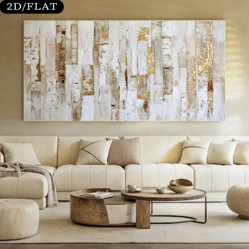 A large rectangular abstract wall art piece with distressed white, beige, and gold vertical wood-like panels, displayed above a cream sectional sofa in a styled living room. A black '2D/FLAT' label appears in the top-left corner.