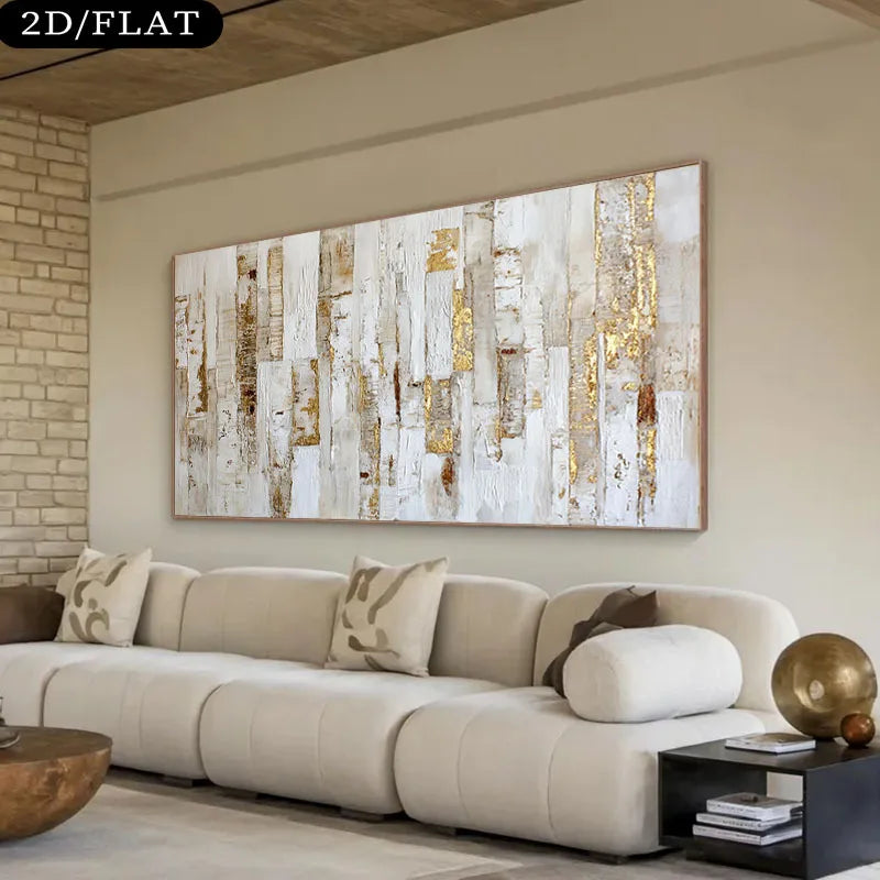 A large rectangular abstract wall art piece with distressed white, beige, and gold vertical planks hangs above a cream sectional sofa in a modern living room. A black banner in the top-left corner reads '2D/FLAT'.