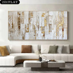 A large rectangular abstract wall art piece with white, beige, and gold brushstroke textures hangs above a modern white sectional sofa in a styled living room. A black label in the top-left corner reads '2D/FLAT'.