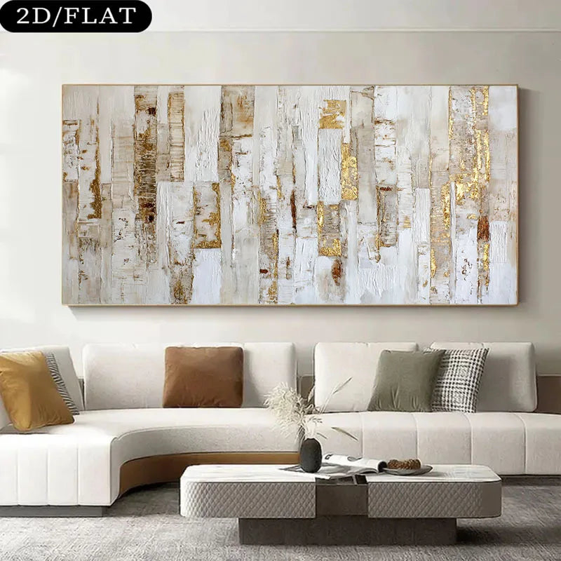 A large rectangular abstract wall art piece with white, beige, and gold brushstroke textures hangs above a modern white sectional sofa in a styled living room. A black label in the top-left corner reads '2D/FLAT'.