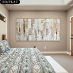A 2D flat canvas wall art print featuring an abstract textured design in white, beige, and gold, displayed on a beige wall above a bed in a modern bedroom setting.