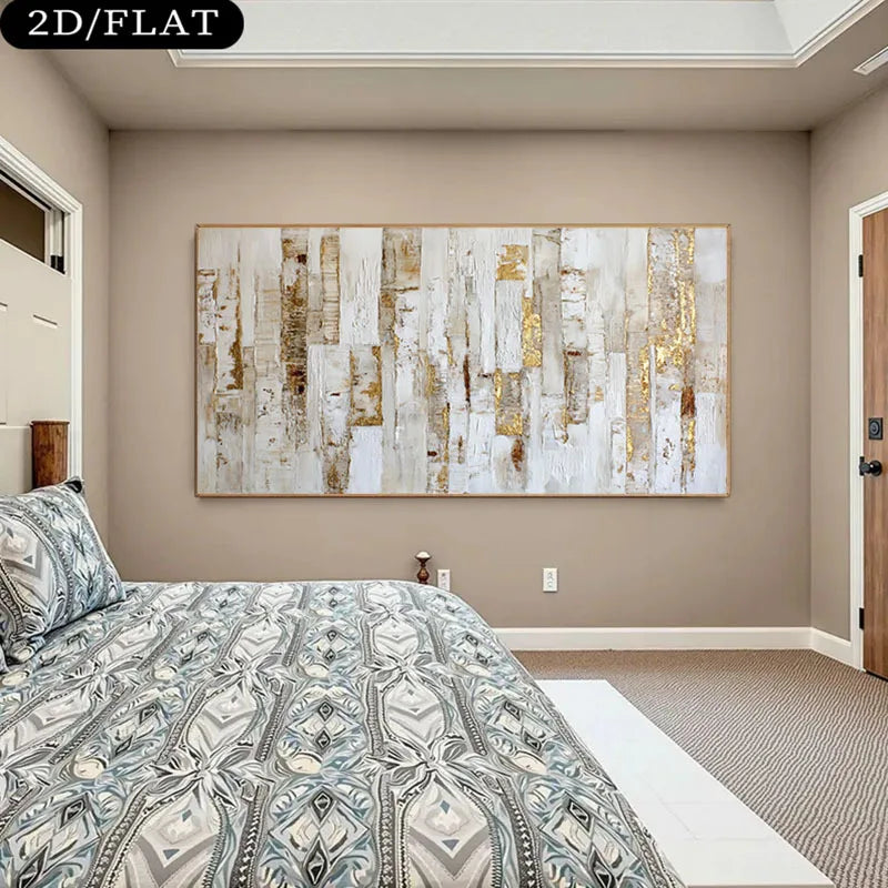 A 2D flat canvas wall art print featuring an abstract textured design in white, beige, and gold, displayed on a beige wall above a bed in a modern bedroom setting.