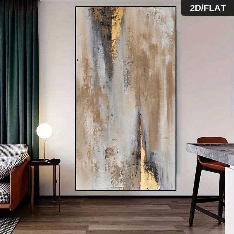 A large vertical abstract wall art print with textured brushstrokes in beige, gray, white, and gold, shown hanging in a modern living space with a side table, lamp, curtain, and stool.