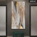 Abstract framed wall art with vertical brushstrokes in beige, white, gray, black, and gold, displayed in a modern interior setting above a dark green console table.