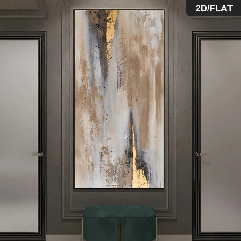 Abstract framed wall art with vertical brushstrokes in beige, white, gray, black, and gold, displayed in a modern interior setting above a dark green console table.