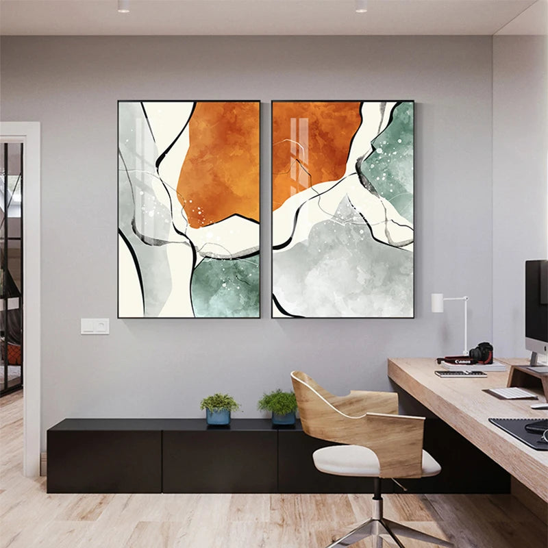 Modern Color Schemes Nordic Abstract Wall Art Fine Art Canvas Prints Gray Orange Green Fluid Dynamic Pictures For Living Room Office Foyer Art Decor 001
