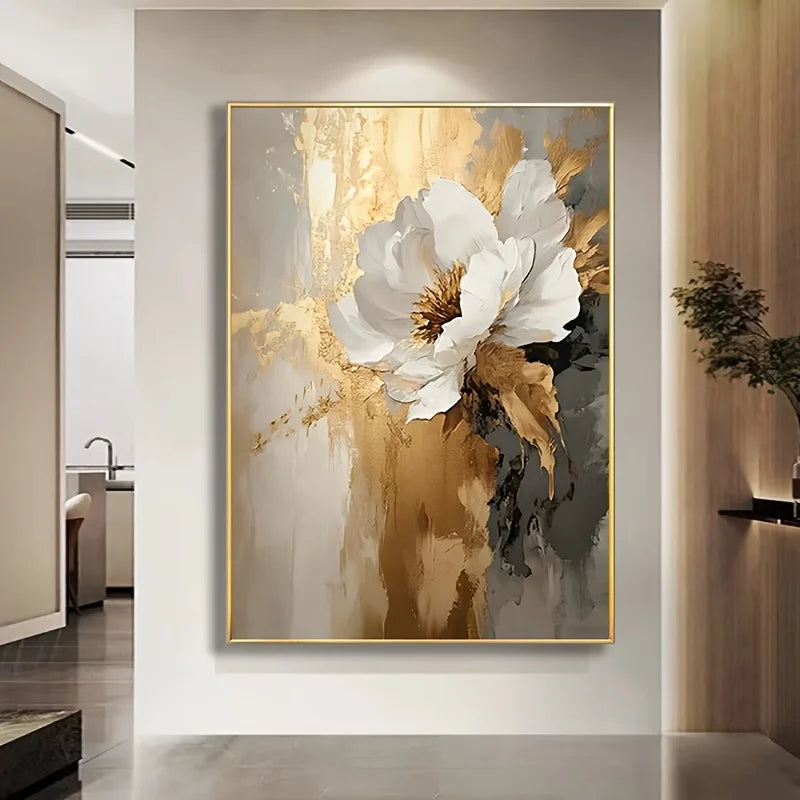 Abstract floral painting with white and gold flowers in a modern interior setting.