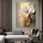 Decorative floral painting in a living room setting with a sofa and decorative items.