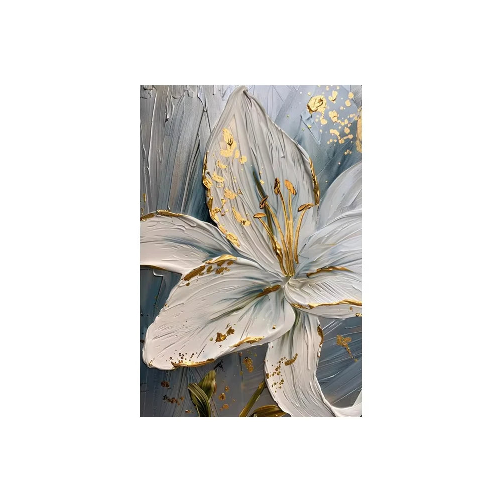 Decorative panel with white lily flowers and gold accents on a blue background