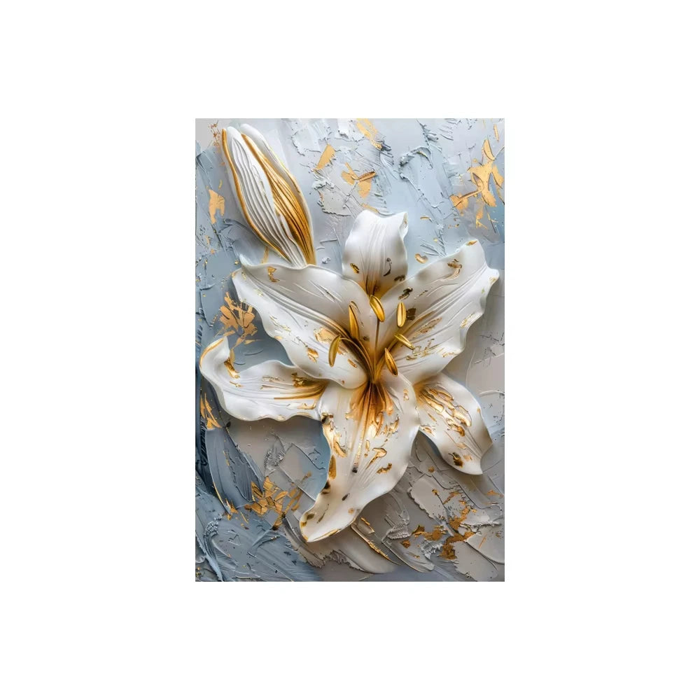 Decorative wall art with white flowers with gold accents on a textured gray background