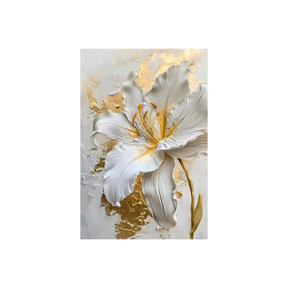 Abstract painting of white flowers with gold accents on a light gray background