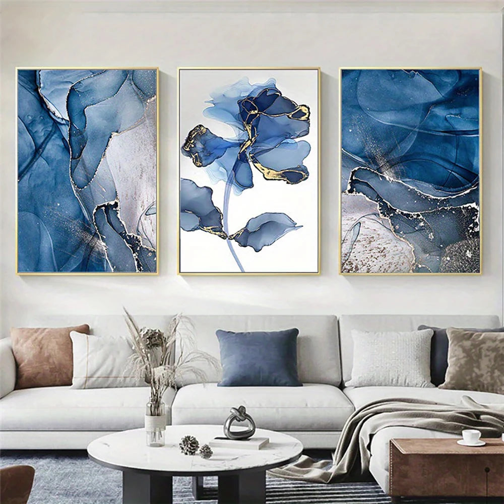 Modern Exotic Liquid Blue Marble Print Floral Wall Art Fine Art Canvas Prints Nordic Abstract Pictures For Living Room Hotel Room Art Decor